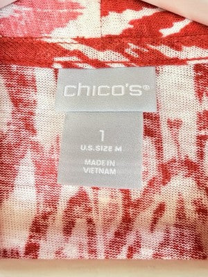 Chicos Size 1 100% Linen Cardigan Sweater Medium Womens Red Print Open Front Top