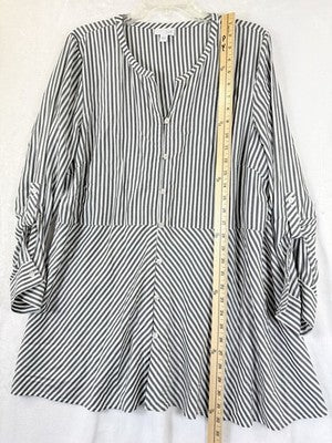 J Jill Large Top Tunic Blouse Gray White Stripe Lightweight Long Sleeve Roll Tab
