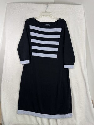 Lands End Sweater Dress Medium Navy Blue Striped 3:4 Sleeves Knit Womens