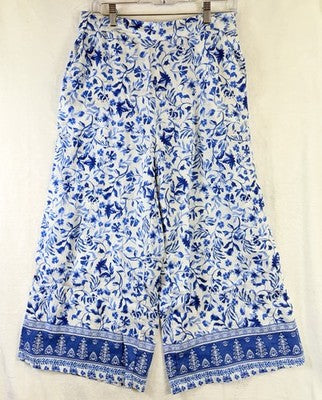 Joie Linen Wide Leg Pants Medium Crop Blue Floral Pull On Womens
