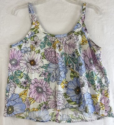 Gap Body Top Small Women Linen Blend Swing Cami Floral Pink Blue Sleeveless New