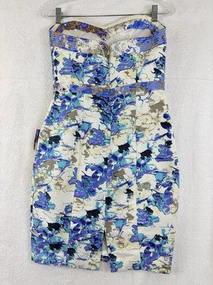 Tracy Reese Dress 4 Anthropologie Strapless Short Pockets Blue Print Womens