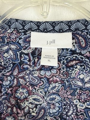 J Jill XL Top V Neck Long Sleeve Ruffle Lightweight Blue Floral Print Rayon