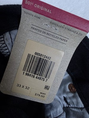 Levis 501 Jeans Mens Button Fly 33x32 Black Original Stretch New NWT