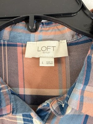 LOFT Womens Tops Large Sleeveless Shirt Plaid Button Up Lightweight Pink Blue