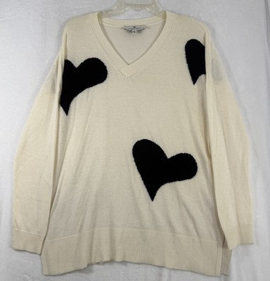 Laurie Felt Sweater Small Ivory White Black Hearts Cashmere Blend Print Womens