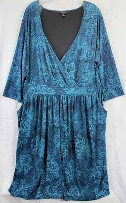 Torrid 3 Dress 3X Wrap Teal Blue Floral Long Sleeve Plus Size Womens