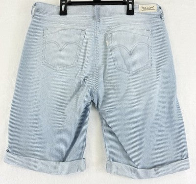 Levis Jean Shorts Women 12 Denim Light Blue White Striped 11” Bermuda Roll Hem