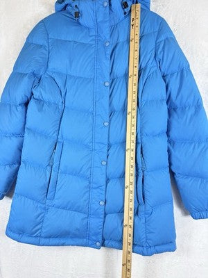LL Bean Down Jacket Womens Small 3/4 Blue Down Puffer Chevron Quilted