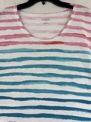 T By Talbots Top Large Tee Short Sleeve Womens Pink Blue Striped 100% Cotton