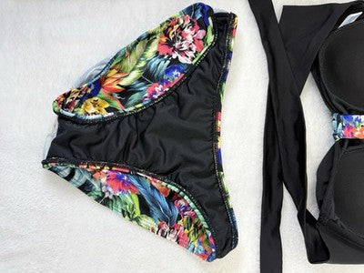 Venus Bandeau Bikini Set C Top 4 Bottom Black Floral Print Womens