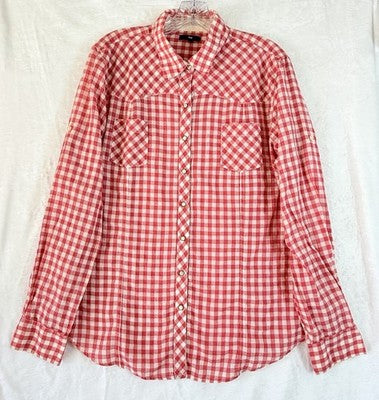 Gap Western Shirt Pearl Snap Womens XXL Pink Gingham Cotton Lightweight Roll Tab