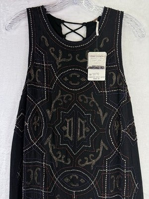 Free People Dress 6 Womens Black Sleeeveles Beaded Boho New NWT *FlawRead