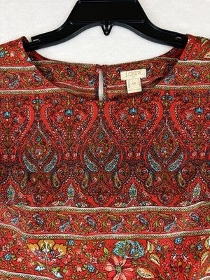 J Crew Top XXS Short Sleeve Red Floral Paisley Print Lightweight Womens