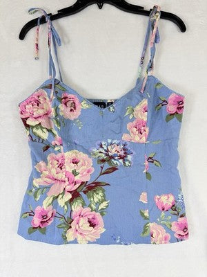 Gap Tops For Women Medium Linen Blend Cami Tie Strap Blue Floral Cottagecore