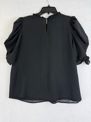 LOFT Top Medium Black Puff Short Sleeve Ruffle Neck Blouse Womens