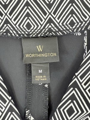 Worthington Top Medium Womens Short Sleeve Black Giraffes V Neck Safari Blouse