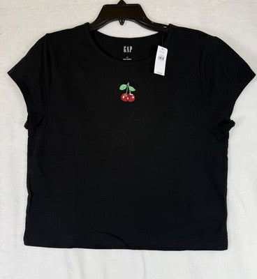 Gap Cropped Tee Large Black Cherries Embroidered Women Top Short Sleeve New NWT