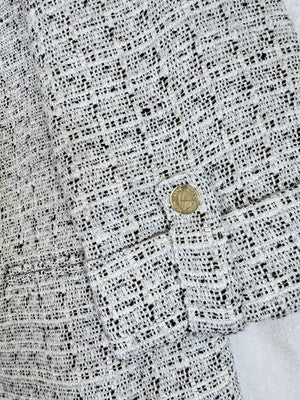 Anne Klein Blazer Medium Long Jacket Open Front Gray Gold Tweed Jacket Womens