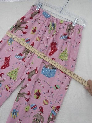 Nick And Nora Pajamas Set Medium Pink Flannel Sock Monkey Christmas Shirt Pants
