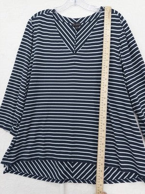 J Jill Wearever Top XL Blue Knit Striped 3/4 Sleeve V Neck Women
