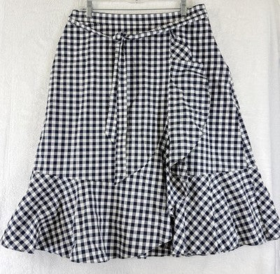 Talbots Ruffle Wrap Skirt 12 Blue Gingham Tie Front Midi 100% Cotton Womens