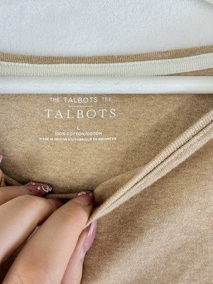 The Talbots Tee Large 3/4 Sleeve Tan Beige Womens Knit T Shirt Top 100% Cotton