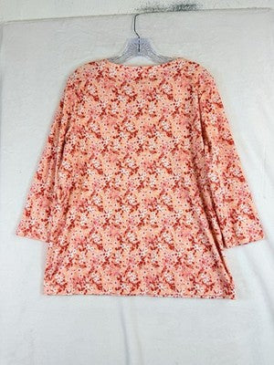 LL Bean Womens XL Pima Cotton Top Shaped 3/4 Sleeve Floral Print Jewel Neck