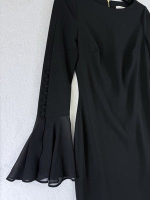 Calvin Klein Dress 2 Chiffon Bell Sleeve Sheath Black Cocktail Party Womens