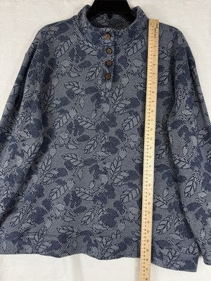 Lands End Womens Tops Large Blue Pullover Mock Neck Button Long Sleeve Knit