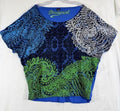 Desigual Top Large Blue Green Print Short Sleeve Dolman Knit
