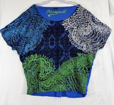 Desigual Top Large Blue Green Print Short Sleeve Dolman Knit
