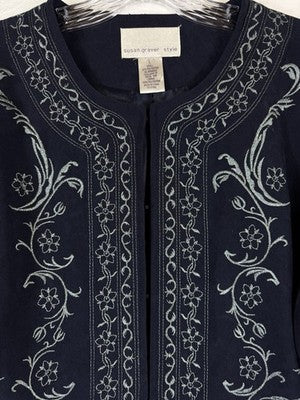 Susan Graver Jacket Large Blue Embroidered Long Sleeve Womens Blazer