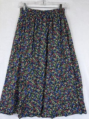 Vintage 90s Floral Midi Skirt Black Made In USA Womens Marilyn Pull On