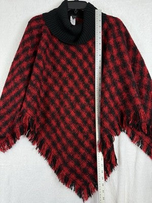 Talbots Sweater Medium Poncho Turtleneck  Red Black Plaid Ruana Cape Women