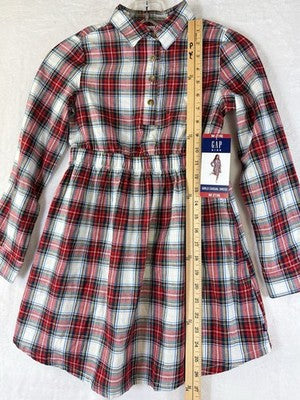 Gap Kids Dress Girls 7/8 Medium Red Plaid Flannel Fit Flare Long Sleeve New