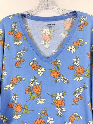 Lands End Relaxed Fit Cotton T Shirt 1X Petite Blue Floral Long Sleeve Knit Tee