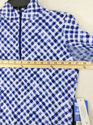 IBKUL Womens Long Sleeve Top XS 1/4 Zip Mock Neck Blue Gingham Check Golf 18076