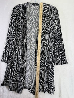 Slinky Brand Cardigan Large Black White Print 3/4 Sleeve Open Front Womens