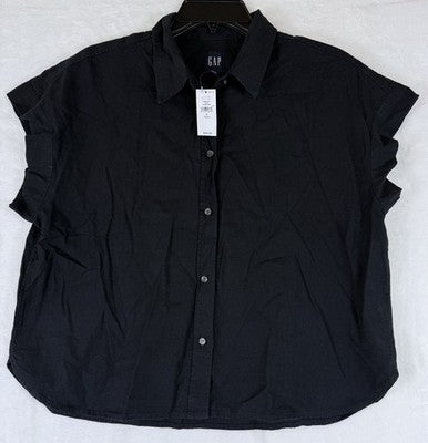 Gap Linen Blend Crop Shirt Small Tall Womens Black Button Up Short Sleeve Women