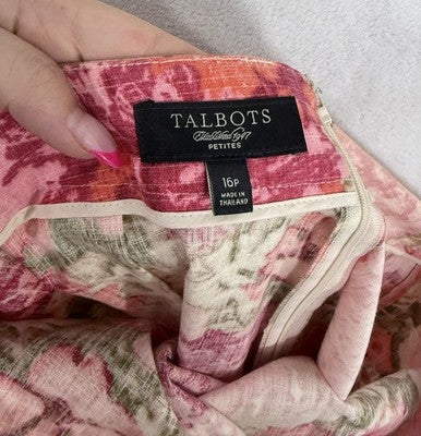 Talbots Skirt 16 Petite Pink Floral Print 100% Cotton Pencil A-Line Womens 16P