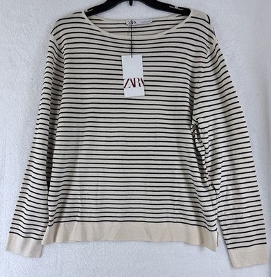 Zara Sweater Womens Large Ivory Black Striped Long Sleeve Lightweight New NWT