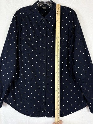 Eddie Bauer Flannel Shirt Womens Large Tall Blue Polka Dot Button Up Top Cotton