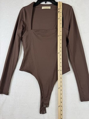 Qinsen Bodysuit Medium Womens Brown Long Sleeve Square Neck