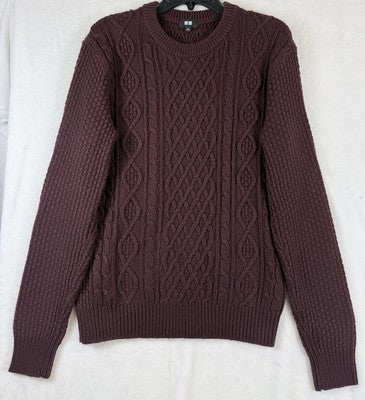 Uniqlo Sweater Men Medium Cable Knit Wool Blend Burgundy Crew Neck
