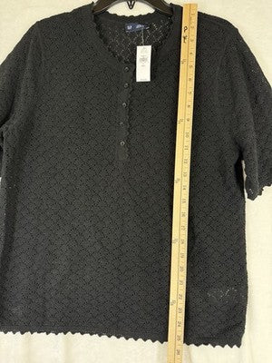 Gap Tops For Women Large Tall Linen Pointelle Henley Short Sleeve Black New NWT