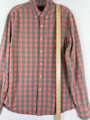 J Crew Shirt Mens Medium Orange Green Plaid Button Down Long Sleeve Cotton