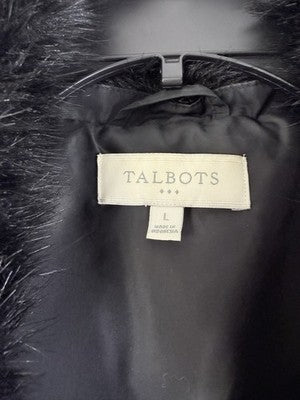 Talbots Down Puffer Vest Womens Large Black Faux Fur Collar Full Zip Quilted