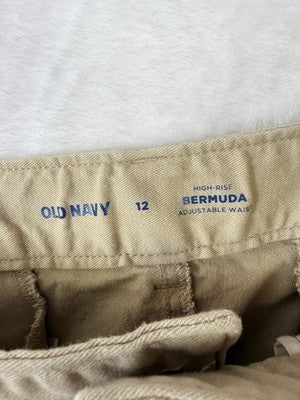 Old Navy Uniform Bermuda Shorts 12 Women Tan Beige Adjustable Waist 7” High Rise