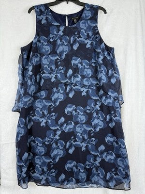 H By Halston Dress 16 Sleeveless Blue Floral Print Layered Shift Women